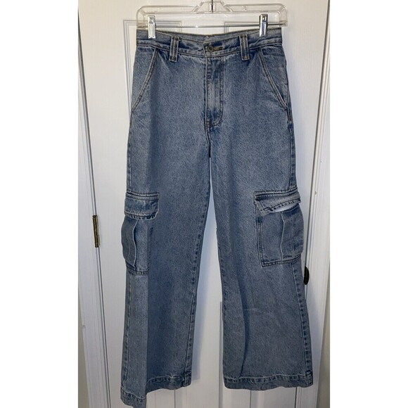 J. Galt Jeans Y2K Womens Small High Rise Wide Leg Blue Cargo Denim Light Wash - Picture 1 of 13